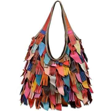 Yaluxe Damen Leder bunt Hippie Fringe Tassel Hobo Henkeltasche Tasche -